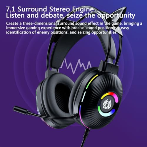 Gaming-Kopfhörer mit Mikrofon, süßes RGB-Kabel-Headset mit Mikrofon mit Geräuschunterdrückung, Over-Ear-Ohrhörer mit Katzenohren für Gamer/PC/Streamer/Cosplay (Schwarz) Bild 7