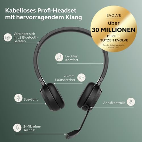 Jabra Evolve 65 TE (3. Ausgabe 2025) Kabelloses Bluetooth-Stereo-Headset mit Geräuschunterdr.-Mikrofon, verbindet 2 Geräte, 16h Akkulaufzeit, USB-A-Adapter, MS Teams-Zertifiziert, Schwarz Bild 2