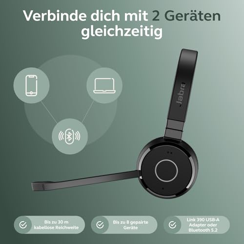 Jabra Evolve 65 TE (3. Ausgabe 2025) Kabelloses Bluetooth-Stereo-Headset mit Geräuschunterdr.-Mikrofon, verbindet 2 Geräte, 16h Akkulaufzeit, USB-A-Adapter, MS Teams-Zertifiziert, Schwarz Bild 4