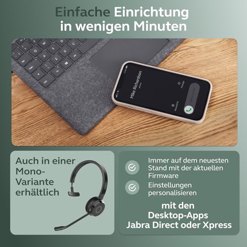 Jabra Evolve 65 TE (3. Ausgabe 2025) Kabelloses Bluetooth-Stereo-Headset mit Geräuschunterdr.-Mikrofon, verbindet 2 Geräte, 16h Akkulaufzeit, USB-A-Adapter, MS Teams-Zertifiziert, Schwarz Bild 7
