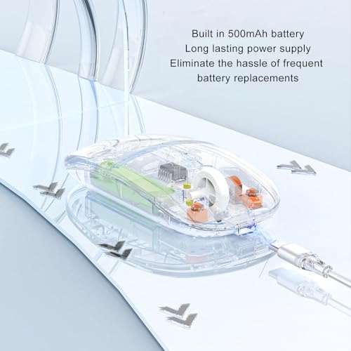 PUSOKEI Transparente Maus, Gaming Maus mit USB Empfänger 2,4 G, Wiederaufladbar, 800 1200 1600 DPI Einstellbare DPI Computermaus für Gaming und Esport (Transparentes Weiß) Bild 4