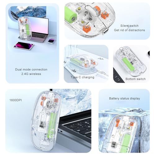 PUSOKEI Transparente Maus, Gaming Maus mit USB Empfänger 2,4 G, Wiederaufladbar, 800 1200 1600 DPI Einstellbare DPI Computermaus für Gaming und Esport (Transparentes Weiß) Bild 5