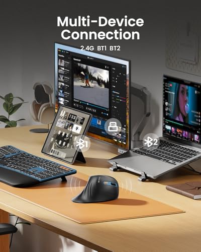 ProtoArc EM11 NL Ergonomische Vertikale Maus, Kabellos Aufladbar Mouse mit 3 Gerät (Bluetooth+Bluetooth+USB), Vertikal Funkmaus für Computer, iPad, Mac, Windows - Schwarzblau Bild 4