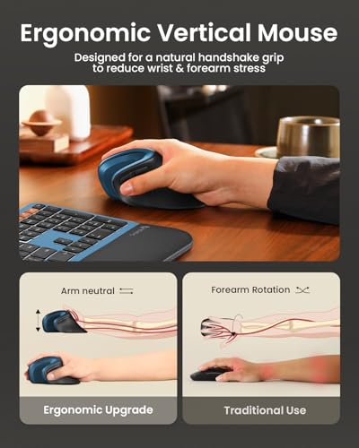 ProtoArc EM11 NL Ergonomische Vertikale Maus, Kabellos Aufladbar Mouse mit 3 Gerät (Bluetooth+Bluetooth+USB), Vertikal Funkmaus für Computer, iPad, Mac, Windows - Schwarzblau Bild 5