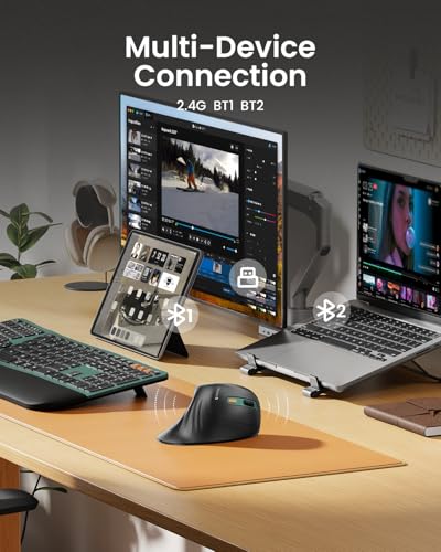 ProtoArc EM11 NL Ergonomische Vertikale Maus, Kabellos Aufladbar Mouse mit 3 Gerät (Bluetooth+Bluetooth+USB), Vertikal Funkmaus für Computer, iPad, Mac, Windows - Schwarz Grün Bild 3