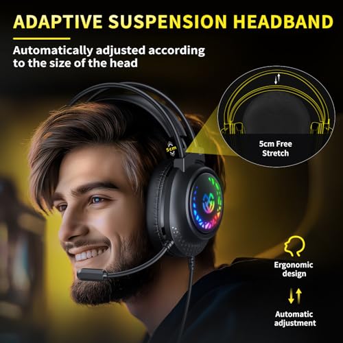 Tatybo Gaming-Headset für PS5, PS4, Xbox Series X/S, kabelgebundene Gaming-Kopfhörer für Switch, Xbox One, PC, Stereo, Surround-Sound, Geräuschunterdrückung, Mikrofon, LED-Leuchten Bild 2