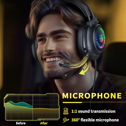 Tatybo Gaming-Headset für PS5, PS4, Xbox Series X/S, kabelgebundene Gaming-Kopfhörer für Switch, Xbox One, PC, Stereo, Surround-Sound, Geräuschunterdrückung, Mikrofon, LED-Leuchten Bild 4