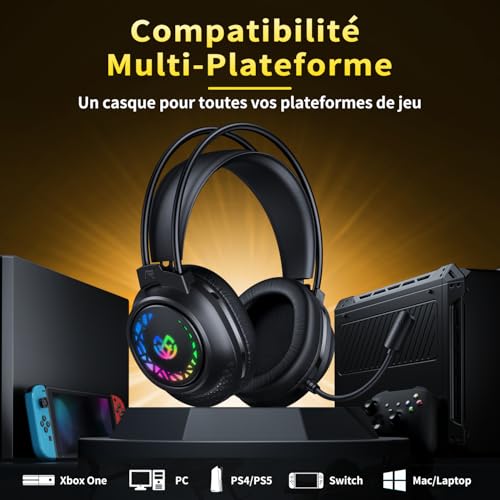 Tatybo Gaming-Headset für PS5, PS4, Xbox Series X/S, kabelgebundene Gaming-Kopfhörer für Switch, Xbox One, PC, Stereo, Surround-Sound, Geräuschunterdrückung, Mikrofon, LED-Leuchten Bild 5