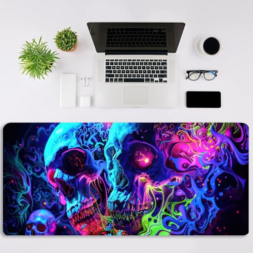 Simpkeely Horror Skull Mauspad, Blacklight Buntes Skelett Gaming Große rutschfeste Gummibasis Mausmatte, Leuchtende Dunkel-Abstract Schreibtischmatte für Büro Zuhause - 80 x 30 cm Bild 3