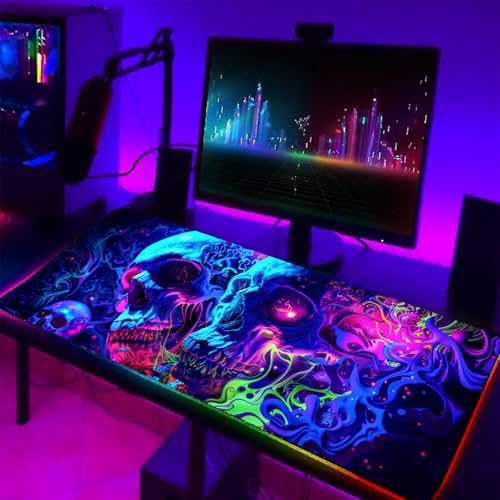 Simpkeely Horror Skull Mauspad, Blacklight Buntes Skelett Gaming Große rutschfeste Gummibasis Mausmatte, Leuchtende Dunkel-Abstract Schreibtischmatte für Büro Zuhause - 80 x 30 cm Bild 4