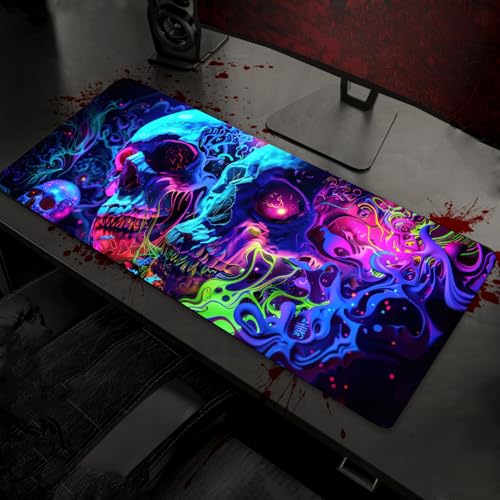 Simpkeely Horror Skull Mauspad, Blacklight Buntes Skelett Gaming Große rutschfeste Gummibasis Mausmatte, Leuchtende Dunkel-Abstract Schreibtischmatte für Büro Zuhause - 80 x 30 cm Bild 5