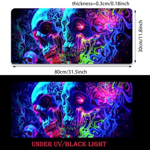 Simpkeely Horror Skull Mauspad, Blacklight Buntes Skelett Gaming Große rutschfeste Gummibasis Mausmatte, Leuchtende Dunkel-Abstract Schreibtischmatte für Büro Zuhause - 80 x 30 cm Bild 7