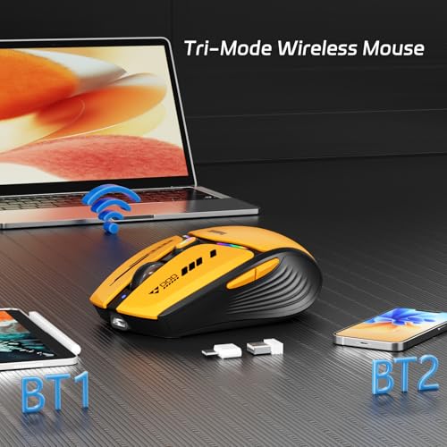 Uiosmuph G19 Bluetooth Maus, LED Bluetooth Funkmaus (Tri-Mode: BT 5.1/5.0+2.4G), Batteriestand sichtbar, 1600 DPI Optical, kabellose USB Maus Wiederaufladbarer Funkmaus für Laptop, Mac OS, Gelb Bild 2