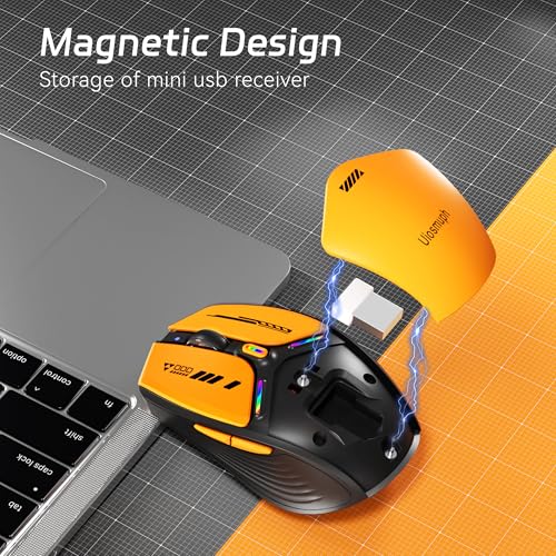 Uiosmuph G19 Bluetooth Maus, LED Bluetooth Funkmaus (Tri-Mode: BT 5.1/5.0+2.4G), Batteriestand sichtbar, 1600 DPI Optical, kabellose USB Maus Wiederaufladbarer Funkmaus für Laptop, Mac OS, Gelb Bild 4