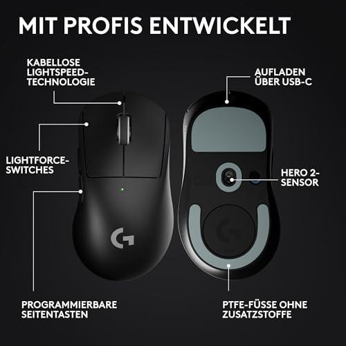 Logitech G PRO X SUPERLIGHT 2 DEX LIGHTSPEED kabellose Gaming-Maus, West Europa Verpackung, 60 g leichte, 8K Polling, 44k-DPI-Senso, USB-C, PC/Mac - Schwarz Bild 6