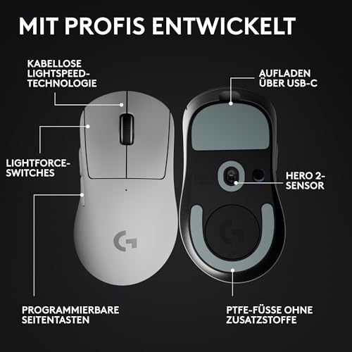 Logitech G PRO X SUPERLIGHT 2 DEX LIGHTSPEED kabellose Gaming-Maus, West Europa Verpackung, 60 g leichte, 8K Polling, 44k-DPI-Senso, USB-C, PC/Mac - Weiss Bild 6