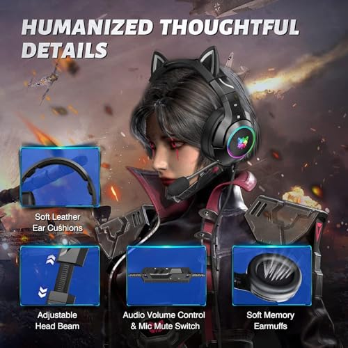 PHNIXGAM Gaming-Kopfhörer FÜR PS4, PS5, Xbox One X/S (Ohne Adapter), 3.5mm Kopfhörer Mit Abnehmbaren Katzenohren, Mikrofon, RGB, Surround-Sound FÜR PC, Mobiltelefon (Schwarz) Bild 5
