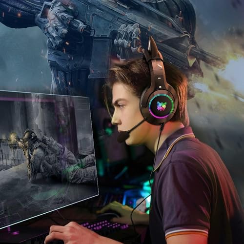 PHNIXGAM Gaming-Kopfhörer FÜR PS4, PS5, Xbox One X/S (Ohne Adapter), 3.5mm Kopfhörer Mit Abnehmbaren Katzenohren, Mikrofon, RGB, Surround-Sound FÜR PC, Mobiltelefon (Schwarz) Bild 6