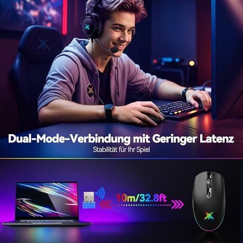 TECKNET Kabellose Gaming-Maus, RGB 2.4G/USB-C Kabelgebundene Gaming-Maus, 8000 DPI Wiederaufladbar, PC Gaming Mouse mit Programmierbaren Tasten, 72g Ultraleicht Maus für Windows XP/11/10/8/7 usw Bild 2