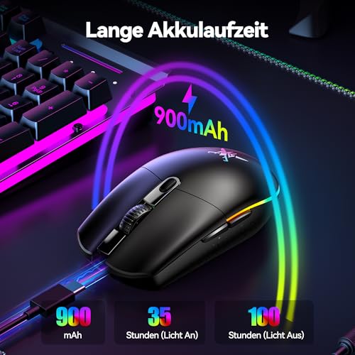 TECKNET Kabellose Gaming-Maus, RGB 2.4G/USB-C Kabelgebundene Gaming-Maus, 8000 DPI Wiederaufladbar, PC Gaming Mouse mit Programmierbaren Tasten, 72g Ultraleicht Maus für Windows XP/11/10/8/7 usw Bild 3