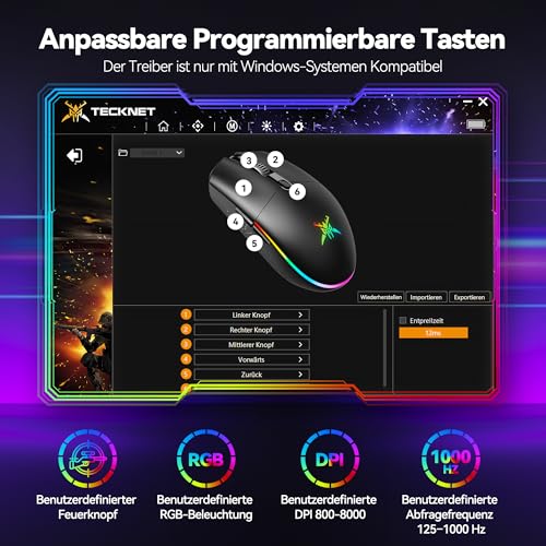 TECKNET Kabellose Gaming-Maus, RGB 2.4G/USB-C Kabelgebundene Gaming-Maus, 8000 DPI Wiederaufladbar, PC Gaming Mouse mit Programmierbaren Tasten, 72g Ultraleicht Maus für Windows XP/11/10/8/7 usw Bild 4