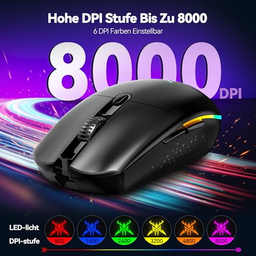 TECKNET Kabellose Gaming-Maus, RGB 2.4G/USB-C Kabelgebundene Gaming-Maus, 8000 DPI Wiederaufladbar, PC Gaming Mouse mit Programmierbaren Tasten, 72g Ultraleicht Maus für Windows XP/11/10/8/7 usw Bild 5