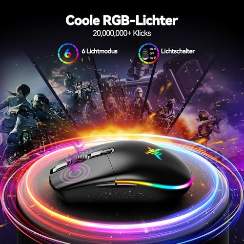TECKNET Kabellose Gaming-Maus, RGB 2.4G/USB-C Kabelgebundene Gaming-Maus, 8000 DPI Wiederaufladbar, PC Gaming Mouse mit Programmierbaren Tasten, 72g Ultraleicht Maus für Windows XP/11/10/8/7 usw Bild 6
