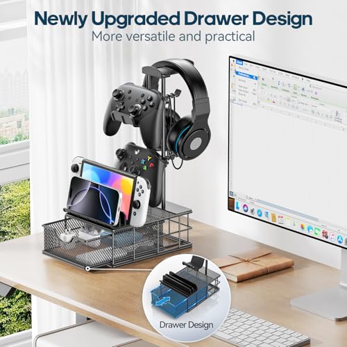 KDD Kopfhörer Ständer mit Schublade - Universal Controller Halter & Gaming Headset Halterung mit Kabel Organizer - Aluminium Kopfhörer Halter Tisch für Alle Over Ear Switch PS4 PS5 Xbox Gaming Sachen Bild 2