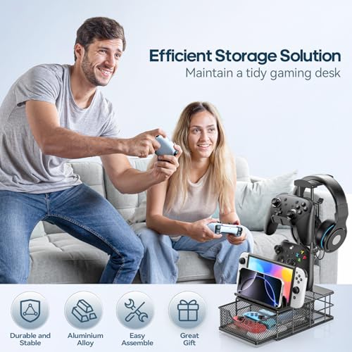 KDD Kopfhörer Ständer mit Schublade - Universal Controller Halter & Gaming Headset Halterung mit Kabel Organizer - Aluminium Kopfhörer Halter Tisch für Alle Over Ear Switch PS4 PS5 Xbox Gaming Sachen Bild 5