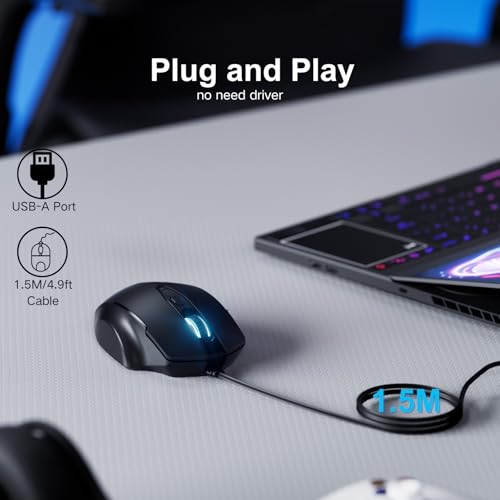 Uineer Maus Mit Kabel, ergonomisches Design, bis zu 7200 DPI einstellbar mit 6 Tasten, Computer Maus PC Laptop Computer,Plug & Play,Matte Black Bild 2