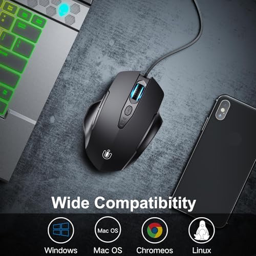 Uineer Maus Mit Kabel, ergonomisches Design, bis zu 7200 DPI einstellbar mit 6 Tasten, Computer Maus PC Laptop Computer,Plug & Play,Matte Black Bild 4