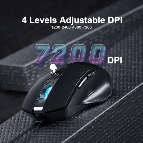Uineer Maus Mit Kabel, ergonomisches Design, bis zu 7200 DPI einstellbar mit 6 Tasten, Computer Maus PC Laptop Computer,Plug & Play,Matte Black Bild 5