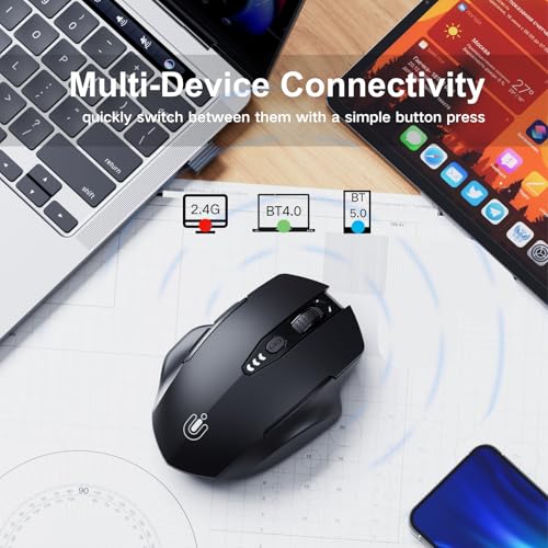 Uineer Bluetooth Maus, aktualisiert Maus kabellos Tri-Modus (BT 5.0/4.0+2,4 GHz), sichtbare Batteriestufe, ergonomische Computer Maus, 4 einstellbare DPI, funkmaus für Laptop und PC, schwarz Bild 2