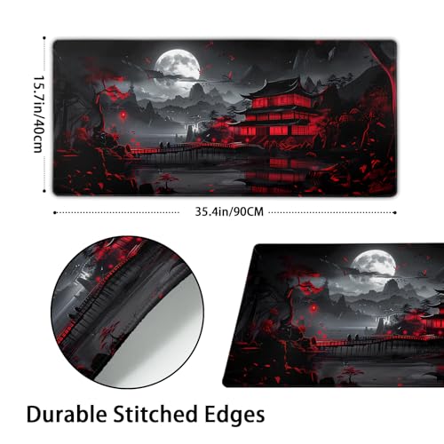 Schwarz-Rotes Japanisches Mauspad XXL 35,4 x 15,7 cm Design-Stil, verlängertes großes Gaming-Mauspad, rutschfeste Gummiunterseite, genähte Kanten, volle Schreibtischmatte für Heimbüro Bild 2