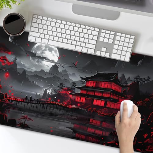 Schwarz-Rotes Japanisches Mauspad XXL 35,4 x 15,7 cm Design-Stil, verlängertes großes Gaming-Mauspad, rutschfeste Gummiunterseite, genähte Kanten, volle Schreibtischmatte für Heimbüro Bild 3