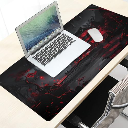 Schwarz-Rotes Japanisches Mauspad XXL 35,4 x 15,7 cm Design-Stil, verlängertes großes Gaming-Mauspad, rutschfeste Gummiunterseite, genähte Kanten, volle Schreibtischmatte für Heimbüro Bild 7