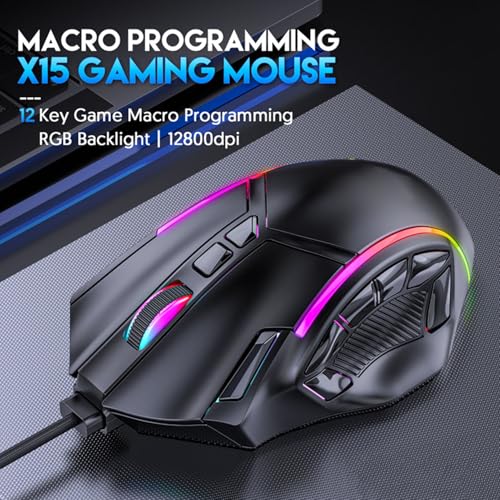 Elprico RGB-Gaming-Maus, 12800 DPI Kabelgebundene Gamer-Maus mit 12 Makrotasten und 6 DPI-Stufen, Ergonomische Gamer-Maus, Computer-Ersatzzubehör Bild 3