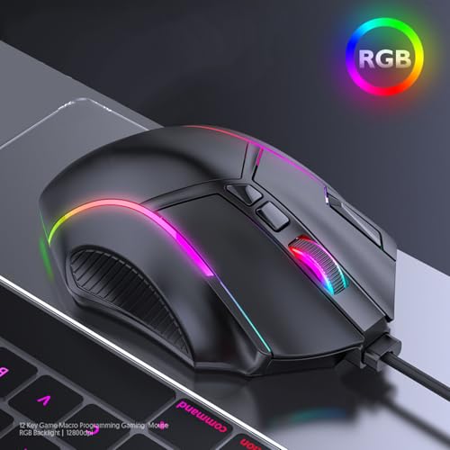 Elprico RGB-Gaming-Maus, 12800 DPI Kabelgebundene Gamer-Maus mit 12 Makrotasten und 6 DPI-Stufen, Ergonomische Gamer-Maus, Computer-Ersatzzubehör Bild 4