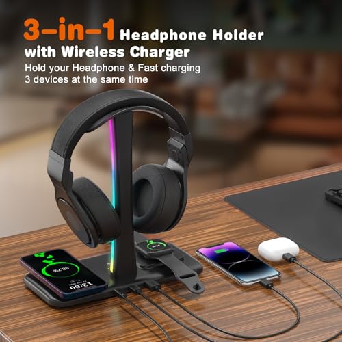 3 in 1 RGB Gamning Kopfhörer Ständer, Headset Halterung mit 15W Wireless Ladegerät, Gaming Kopfhörer Halter mit 9 Lichtmodi Speicherfunktion für Alle Kopfhörer Bild 2