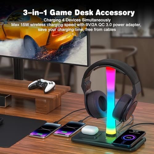 3 in 1 RGB Gamning Kopfhörer Ständer, Headset Halterung mit 15W Wireless Ladegerät, Gaming Kopfhörer Halter mit 9 Lichtmodi Speicherfunktion für Alle Kopfhörer Bild 3