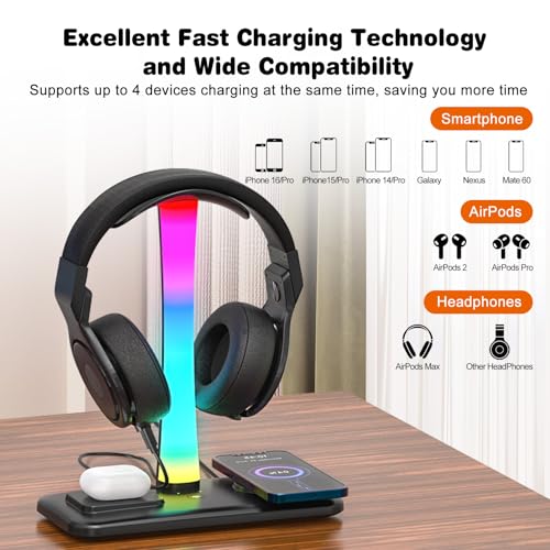 3 in 1 RGB Gamning Kopfhörer Ständer, Headset Halterung mit 15W Wireless Ladegerät, Gaming Kopfhörer Halter mit 9 Lichtmodi Speicherfunktion für Alle Kopfhörer Bild 4