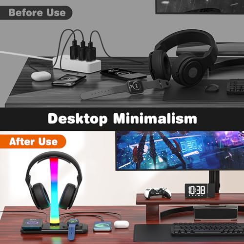 3 in 1 RGB Gamning Kopfhörer Ständer, Headset Halterung mit 15W Wireless Ladegerät, Gaming Kopfhörer Halter mit 9 Lichtmodi Speicherfunktion für Alle Kopfhörer Bild 5