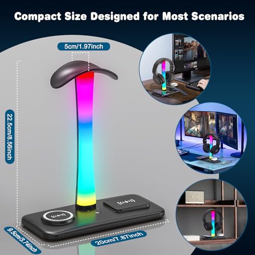 3 in 1 RGB Gamning Kopfhörer Ständer, Headset Halterung mit 15W Wireless Ladegerät, Gaming Kopfhörer Halter mit 9 Lichtmodi Speicherfunktion für Alle Kopfhörer Bild 6
