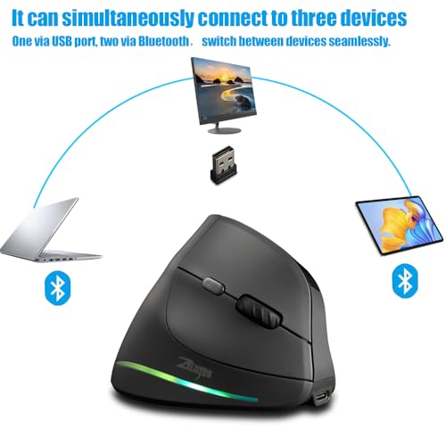 zelotes Bluetooth Kabellose Maus mit Display,Wiederaufladbar,BT 5.0/3.0 + 2.4G,4000DPI,7 Tasten,Vertikale Maus Kabellos,Ergonomische Funkmaus für Laptop,PC,Tablets,Schwarz Bild 4