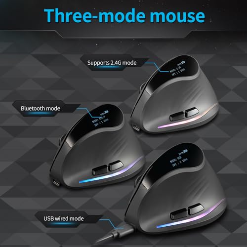 zelotes Bluetooth Kabellose Maus mit Display,Wiederaufladbar,BT 5.0/3.0 + 2.4G,4000DPI,7 Tasten,Vertikale Maus Kabellos,Ergonomische Funkmaus für Laptop,PC,Tablets,Schwarz Bild 5