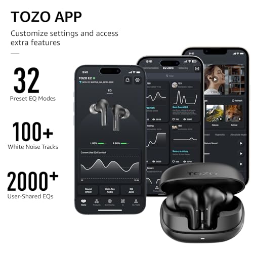 TOZO E2 Kopfhörer kabellos Bluetooth, 5.3 Bluetooth Kopfhörer, In Ear Kopfhörer mit APP Steuerung, 30 Std Tiefer Bass, 2 Mikrofone, Anruf Noise Cancelling Kopfhörer, Schwarz Bild 5