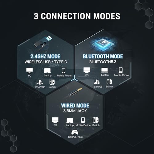 EKSA E5000BT Wireless Gaming Headset, Detachable Noise Canceling Microphone Bluetooth 5.3 Gaming Headphones 2.4GHz USB-C & USB Schnittstelle, 7.1 Surround Sound, für PC PS4 PS5 Mac Bild 4