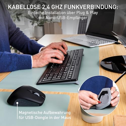 CHERRY Stream Desktop Comfort, Kabelloses Tastatur-Maus-Set, Deutsches Layout (QWERTZ), 2,4 GHz Funk, Leise Tasten, Ergonomische Rechtshändermaus, Schwarz Bild 3