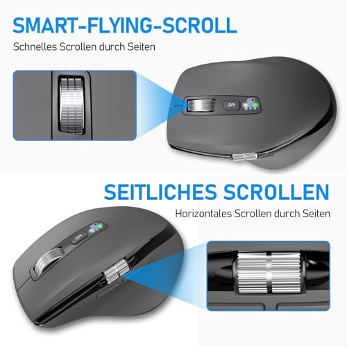INFINMIND Kabellose Bluetooth-Maus mit Smart Flying Scroll, Daumenrad & ergonomischem Design, Leise 3-Geräte-Maus für Mac OS/Chrome/Linux/Android (Grau) Bild 4