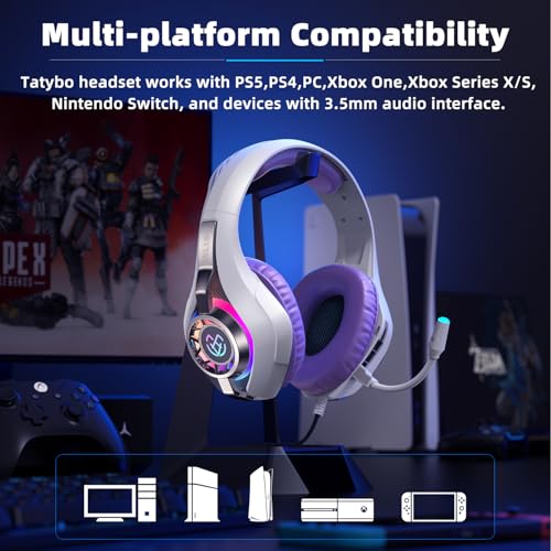 Tatybo Gaming Kopfhörer mit Mikrofon für Ps4 Ps5 Switch PC Mobile Xbox, kabelgebundene Kopfhörer Surround-Sound Stereo mit RGB-Licht Bild 5